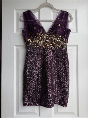 Cassandra Stone- Sequin Embellished Plum V-Neck Mini Dress- Size 4